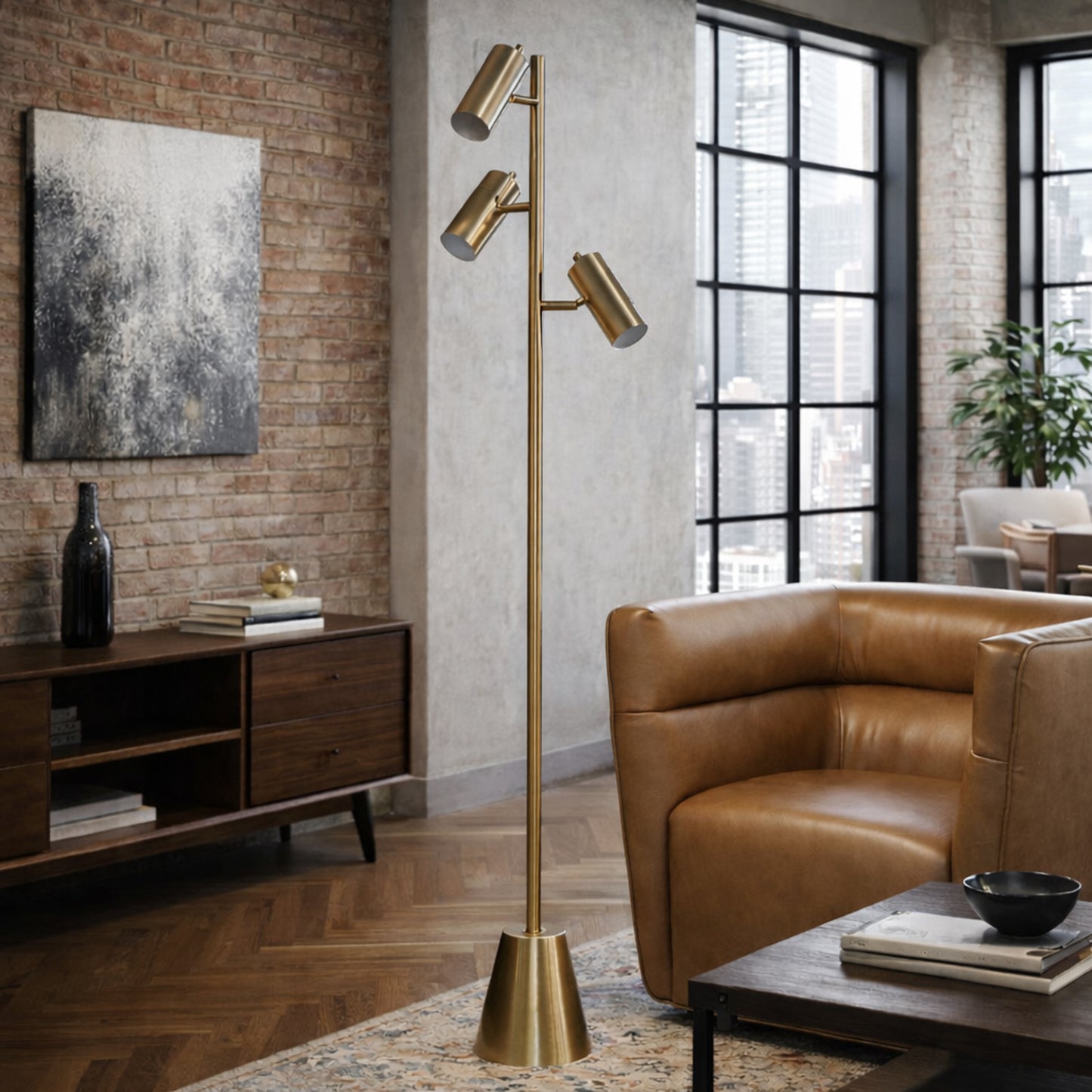 Lumina Brassed Gold Floor Lamp With Rotary Triple Spots Metal Cone Base