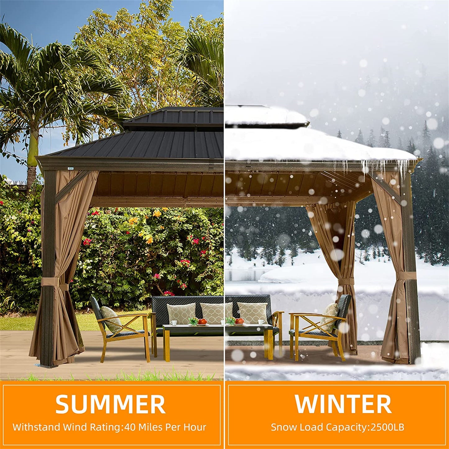 10 X 12 Hardtop Gazebo Outdoor Aluminum Gazebos Grill With Galvanized Steel Double Canopy For Patios Deck Backyard,Curtains&Netting, Brown