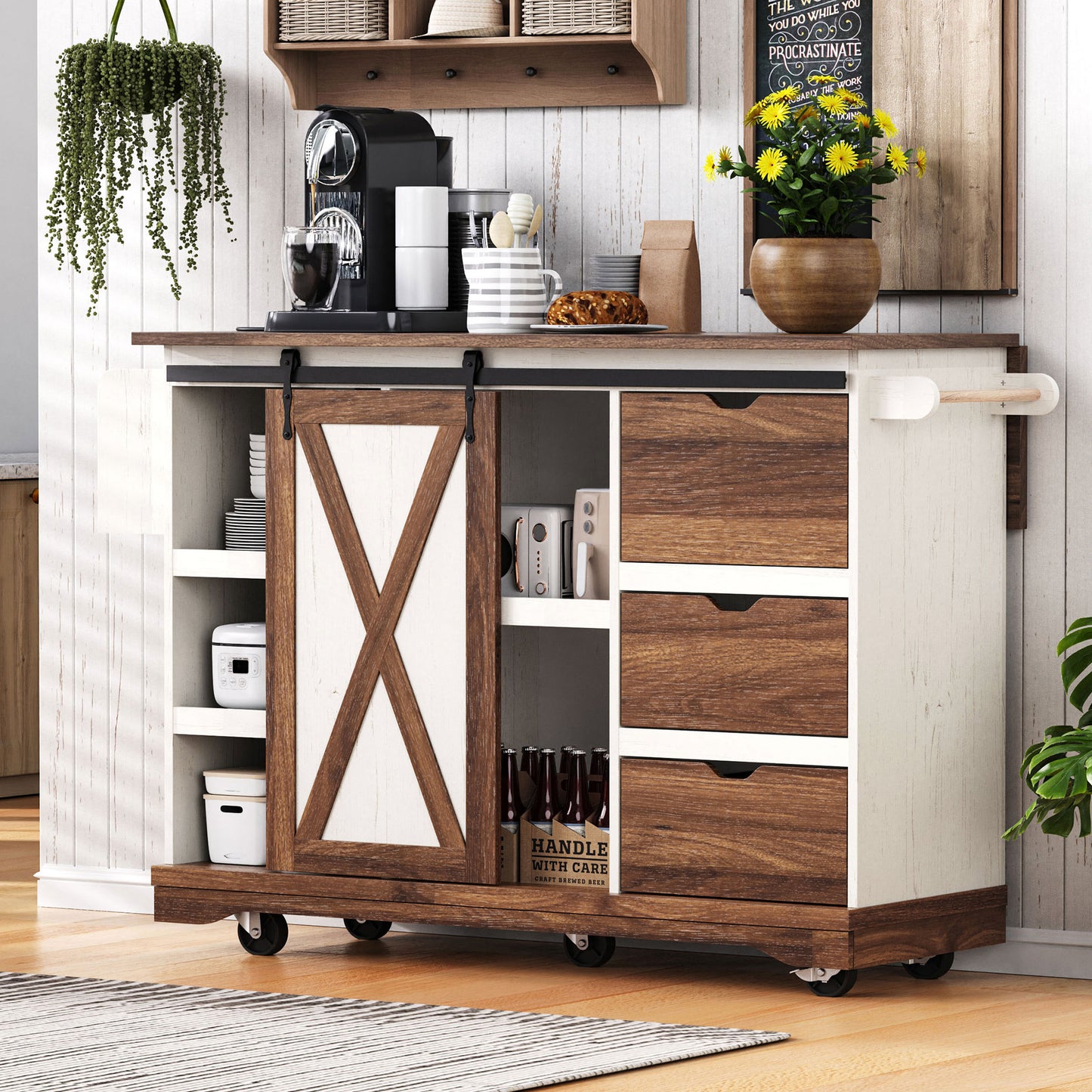 K&K 55.5 Farmhouse Kitchen Island With Drop Leaf, Kitchen Storage Island With Barn Door, Power Outlet, Rolling Kitchen Cart On Wheels With Spice Rack, For Home, Kitchen, Dining Room, White