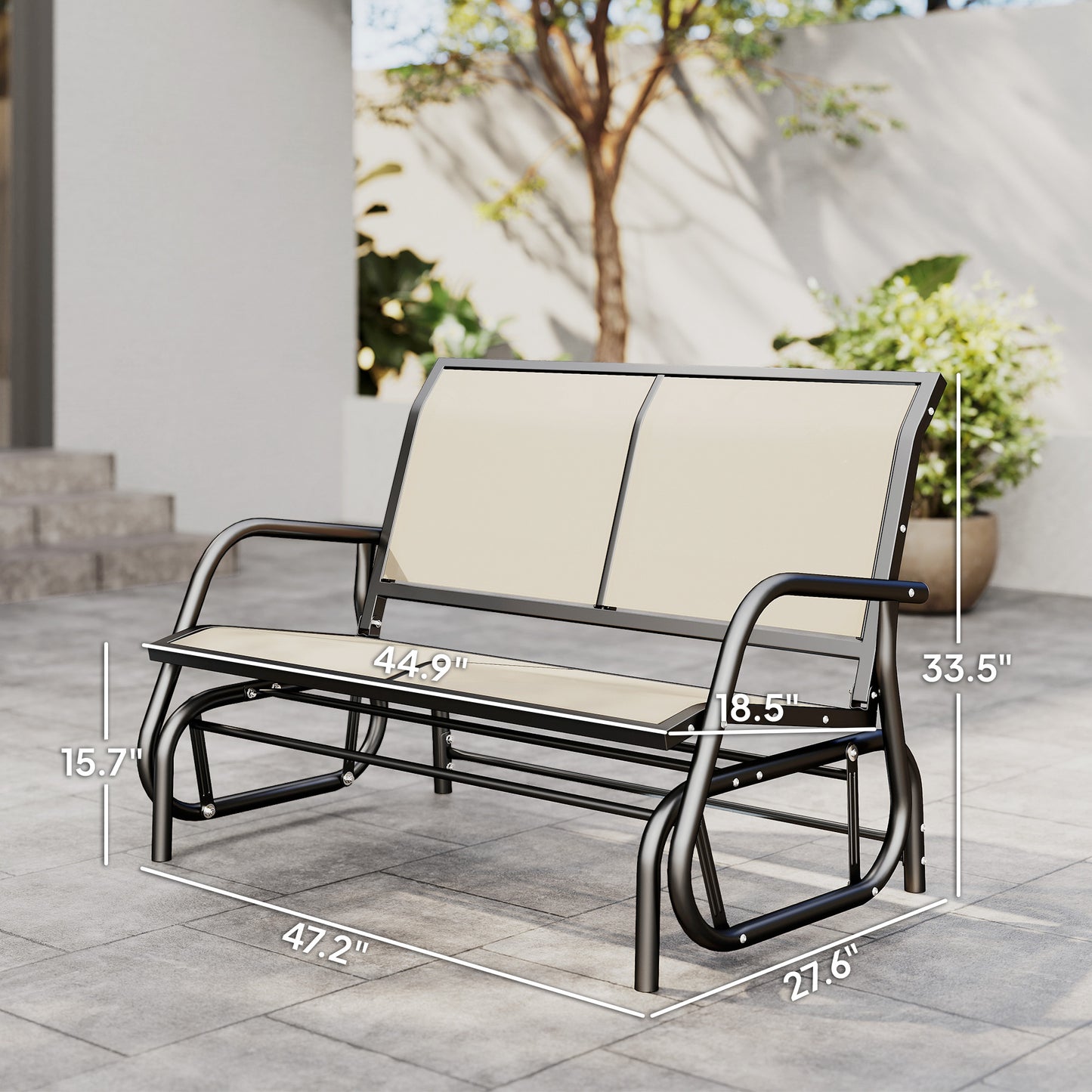 2-Person Outdoor Glider Bench, Patio Double Swing Rocking Chair Loveseat W/Powder Coated Steel Frame For Backyard Garden Porch, Beige