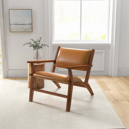 Hendrix Antique Tan Leather Arm Chair Mid-Century Modern Style With Solid Wood Frame 32 L X 26 W X 28 H For Bedroom, Living Room, Hallway