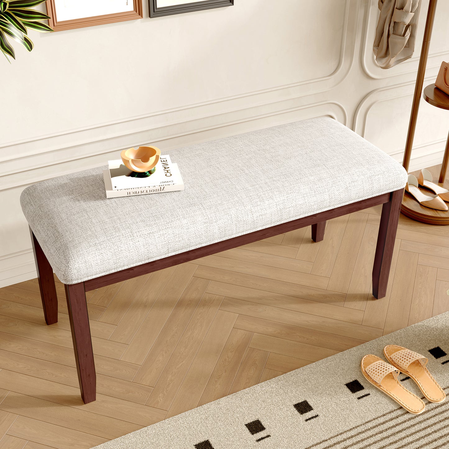 Upholstered Bench For Bedroom End Of Bed,38-inch Entryway Bench For Living Room,Dining Bench With Padded Seat And Solid Wood Leg For Kitchen Bedroom,Indoor And Hallway Bench, Beige Cherry