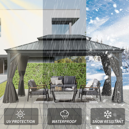 12 X 16 Hardtop Gazebo, Upgraded Metal Gazebo With Drainage System, Dual-Layer Galvanized Steel Roof, Curtain And Netting, Outdoor Shelter Canopy For Patio, Garden, And Backyard, Gray