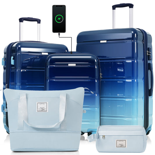 Luggage Sets 5 Piece, 20-inch With USB Port, ABS Durable Suitcase With Travel Bag, ABS PC Hard Shell Luggage With Spinner Wheels, Navy