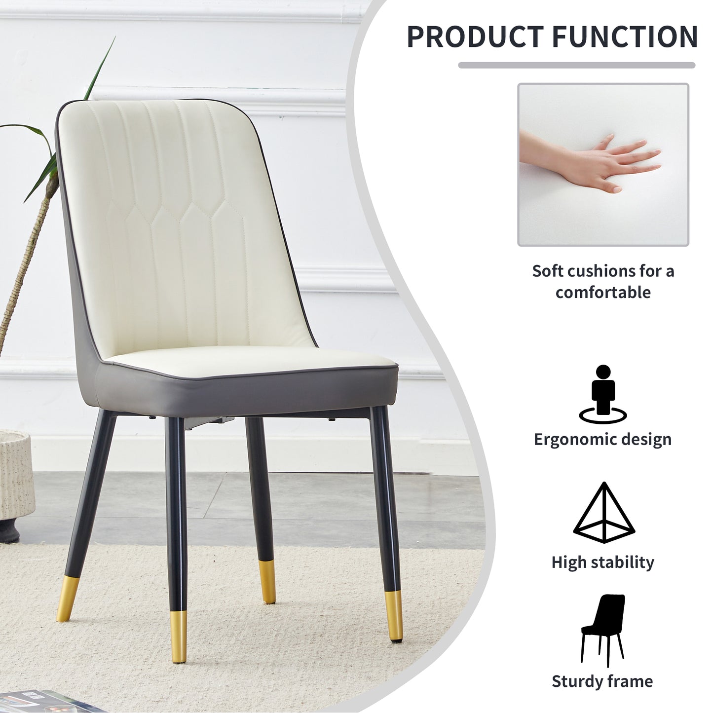 A Modern Dining Chair With A White Dark Gray Dual Tone PU Leather Backrest And Black Metal Legs, Suitable For Kitchens, Bedrooms, And Offices. A Set Of 4 Pieces White Dark Gray PU C-007 W1151118960