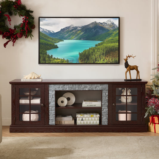 70 Modern TV Stand With 2-Door Storage, Faux Stone Media Console Cabinet, Cherry Large Entertainment Center For Living Room
