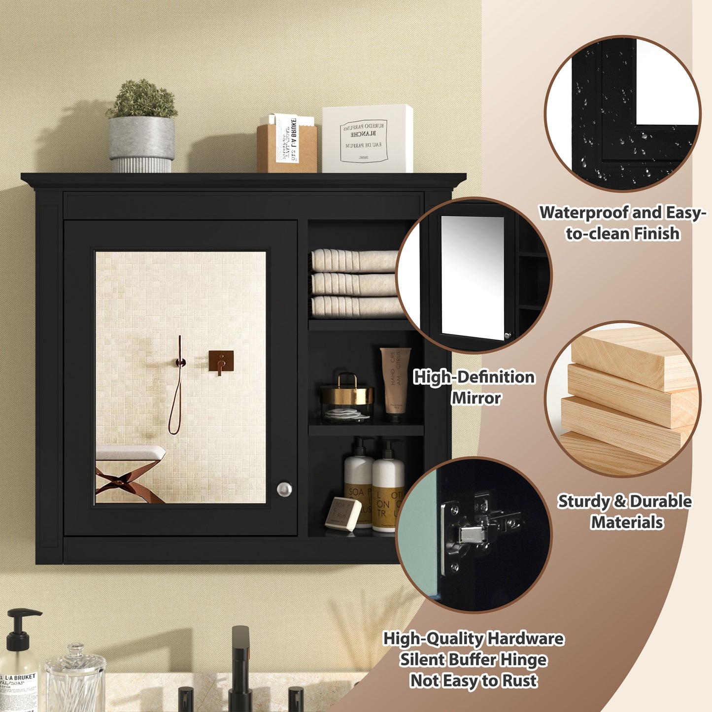 30 X 28 Medicine Cabinet, Wall Mounted Bathroom Storage Cabinet, Modern Bathroom Wall Cabinet With Mirror,Medicine Cabinet, Mirror Cabinet With 3 Open Shelves Not Include Bathroom Vanity