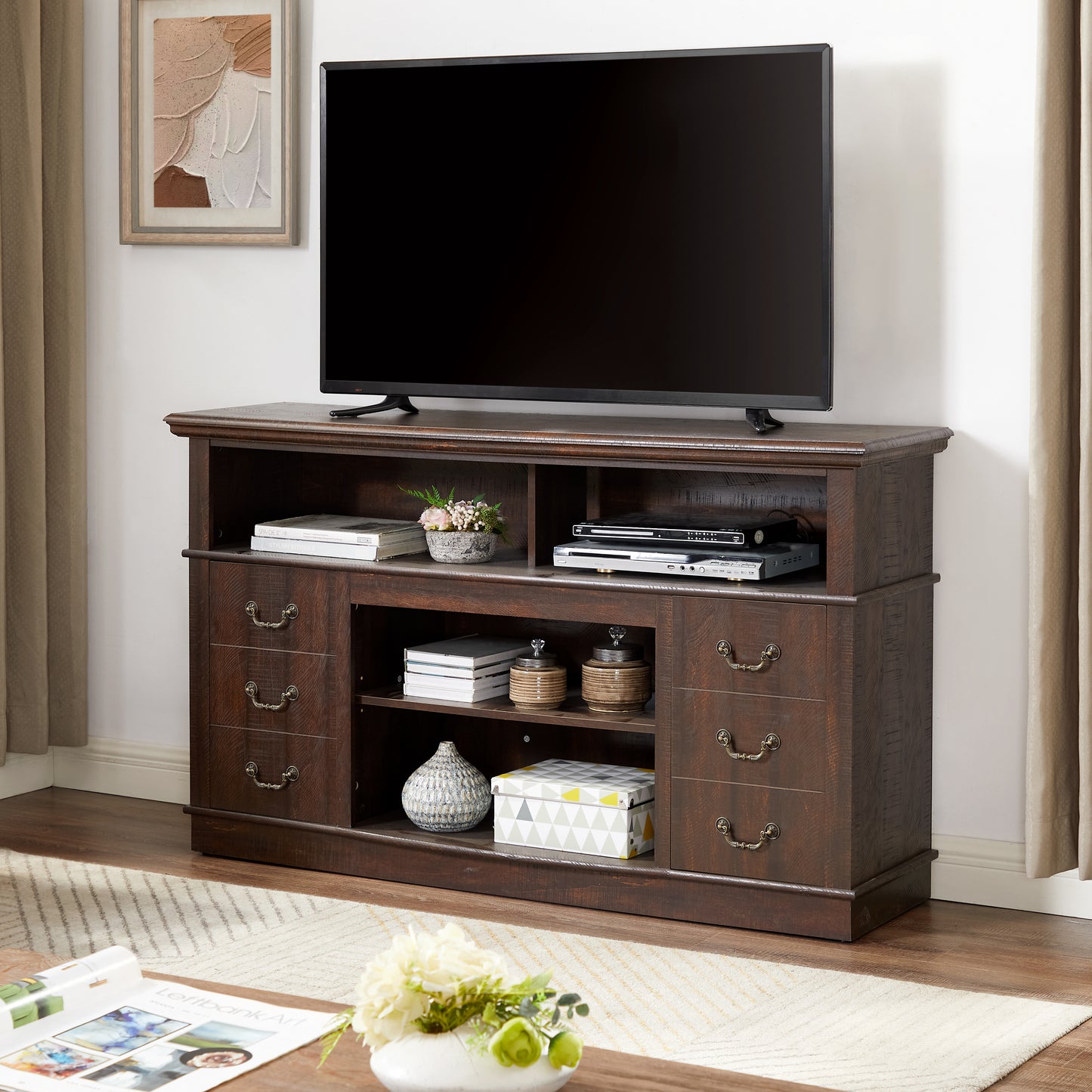 Retro TV Stand With Storage For TVs Up To 65 , Mid Century Modern TV Stand & Entertainment Center With Shelf,TV Stand For Media,TV Console Table For Living Room Espresso 60 Wx15.75 Dx34.25 H