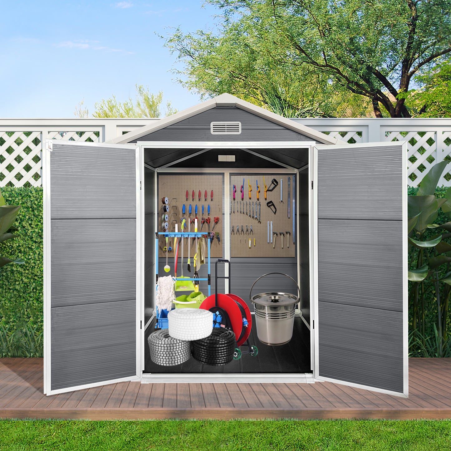 6x6 Ft Plastic Outdoor Storage With Floor And Lockable Door Plastic Garden Shed For Backyard, Lawn, Gray