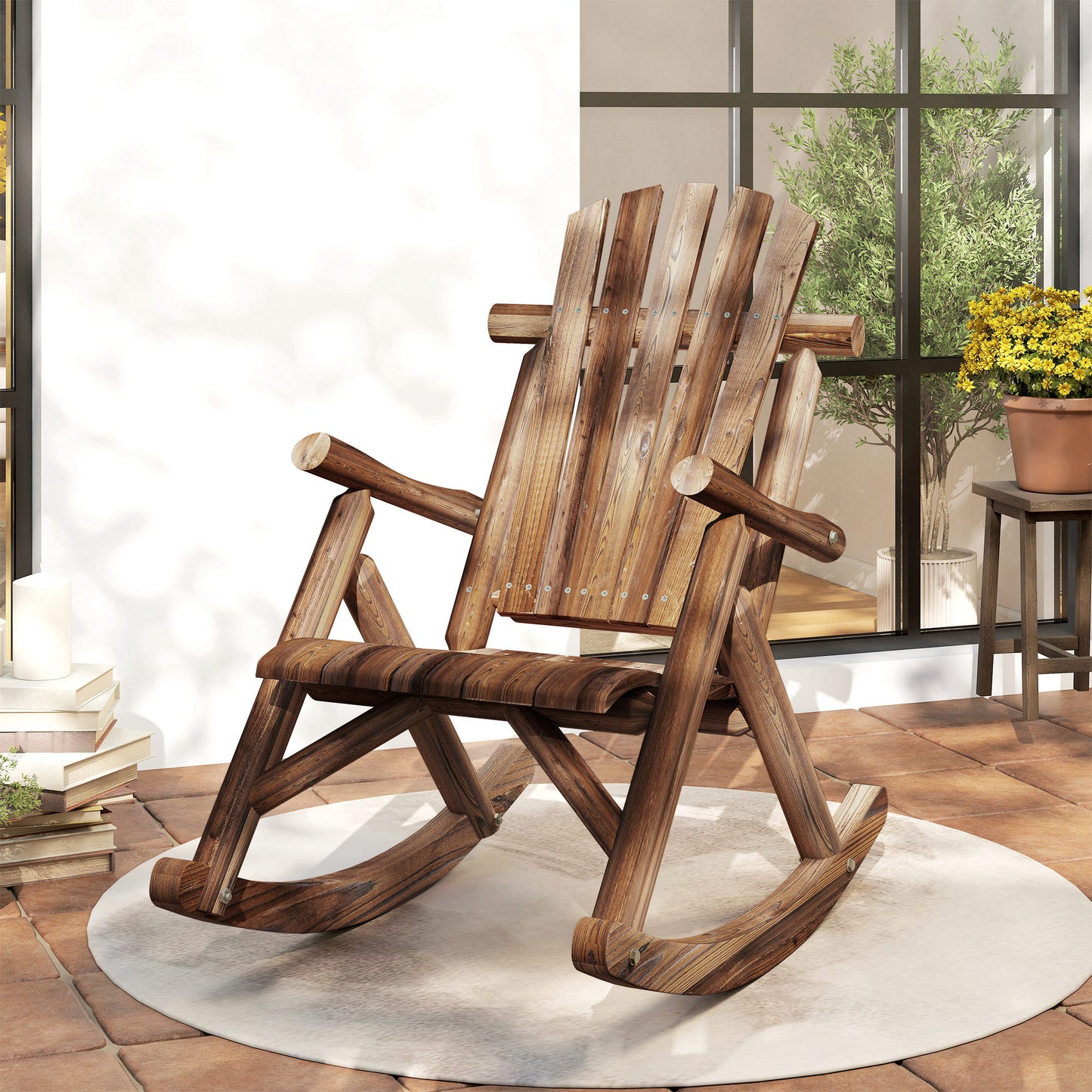 Outdoor Wooden Rocking Chair, Single-Person Adirondack Rocking Patio Chair With Rustic High Back, Slatted Seat And Backrest For Indoor, Backyard, Garden, Carbonized
