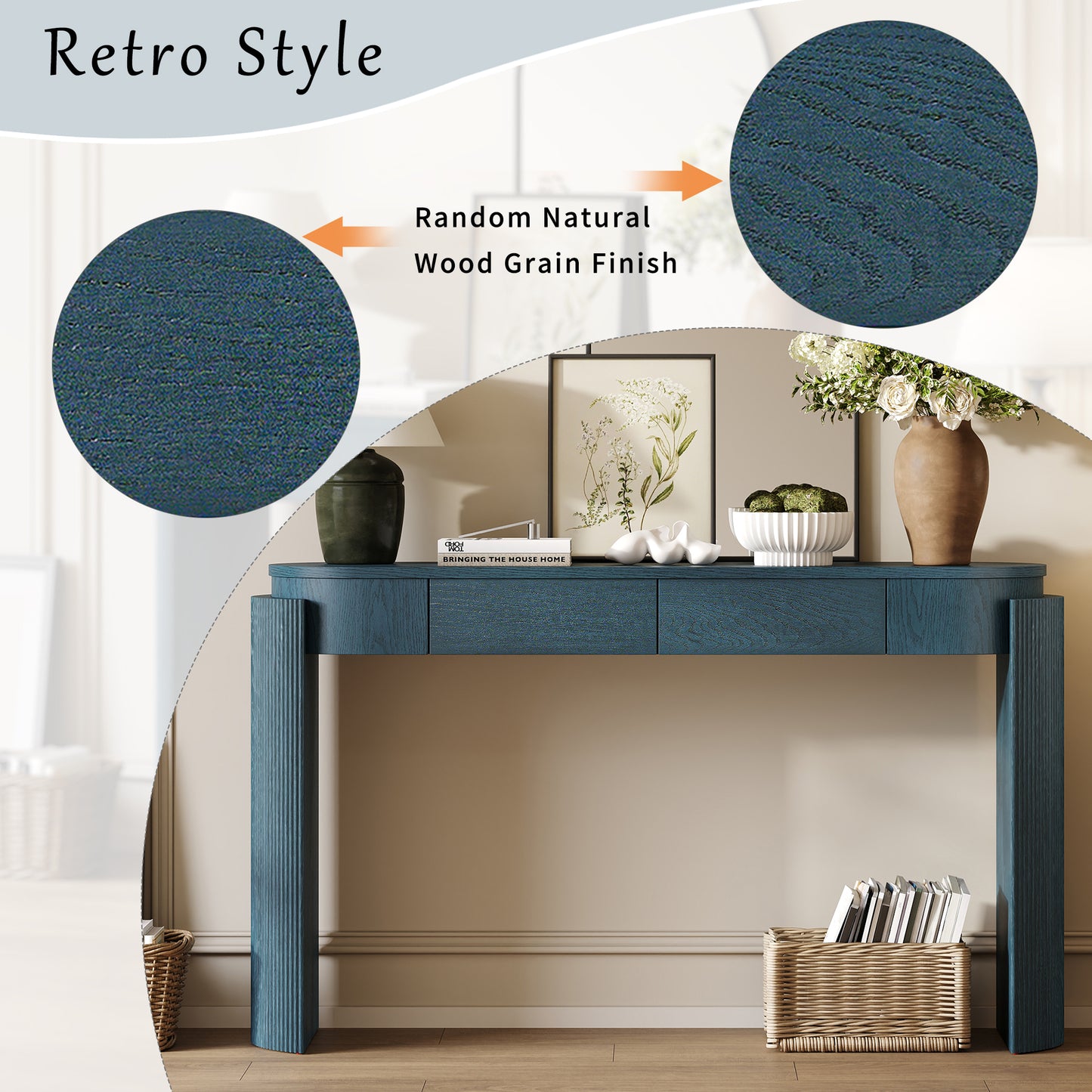 TREXM Entryway Table With Natural Wood Grain Finish Console Table With Fluted Design Oval Top And 2 Drawers For Entryway And Living Room Navy