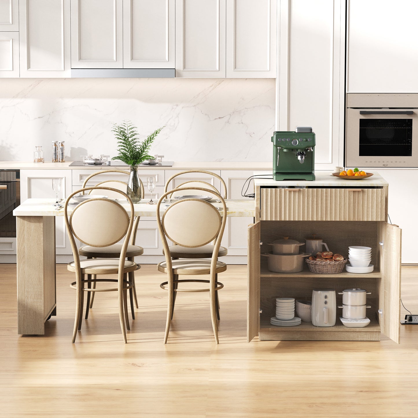 K&K 82.6 Fluted Kitchen Island With Extendable Dining Table For 4 6, Island Table For Kitchen With Power Outlet, Kitchen Table With Double Side Storage, 2 Drawers 2 Side Open Shelves, Natural