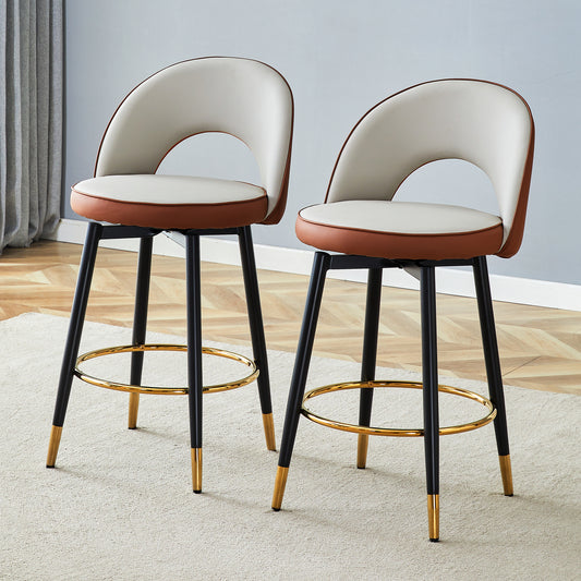 360 Rotatable Bar Chair.Modern Brown And Light Gray Spliced Color PU Comfortable Upholstered Bar Chair With Smooth And Beautiful Black Metal Legs For Dining Room, Kitchen, Terrace.Set Of 2.