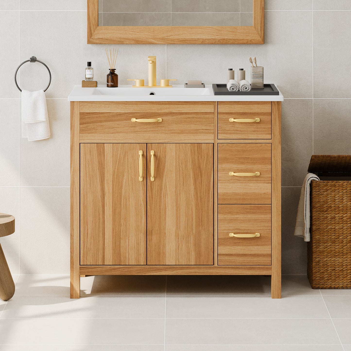 36 Wood Bathroom Vanity With Solid Wood Frame, 2 Soft Close Doors, 3 Soft Close Drawers, Adjustable Shelf, Modern Storage Cabinet For Small Bathrooms