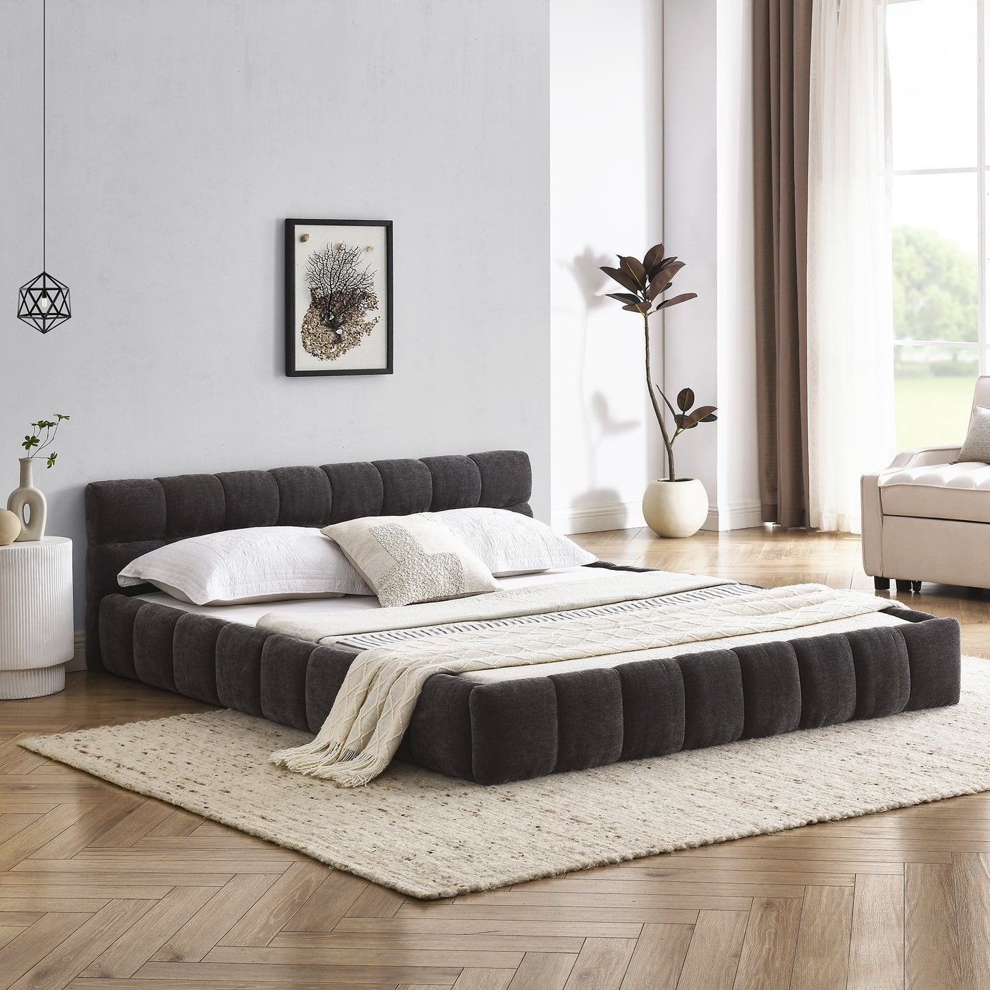 Queen Size Upholstered Bed Frame With Thick Fabric, Chenille Fabric Grounded Queen Size Platform Bed With Headboard And Solid Frame. No Box Spring Needed, Dark Grey 68x86.5x23.5