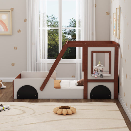Play Design Twin Size Car Bed, Kids Platform Bed In Car-Shaped For Kids Boys Girls Teens,White Orange
