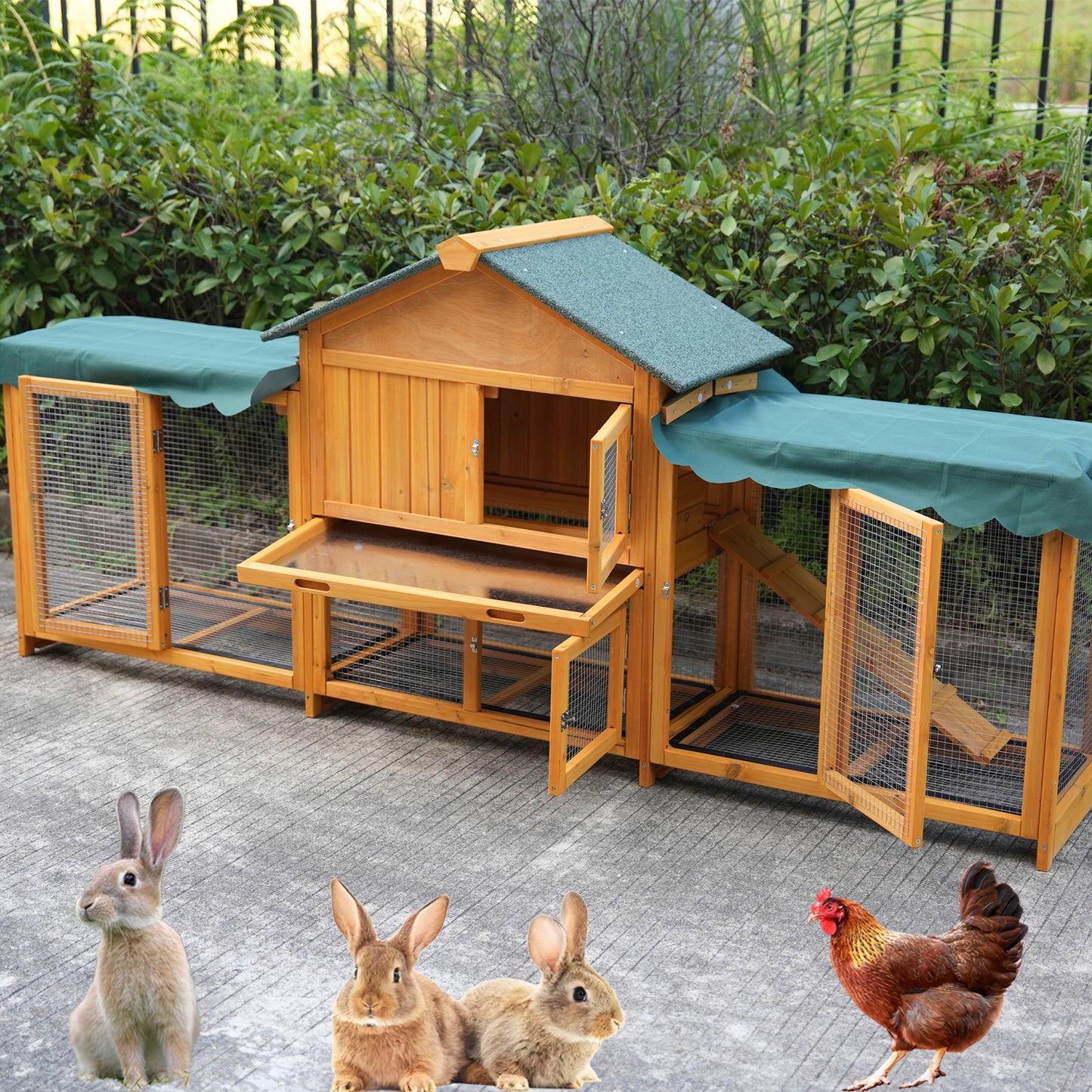 82inches Extra Large Wood Rabbit Hutch Outdoor Easy To Assemble And Stable Bunny Cage Indoor With Cleaning Tray & Waterproof Roof For Small And Medium Bun,Removable Waterproof And Sun Protection Cover