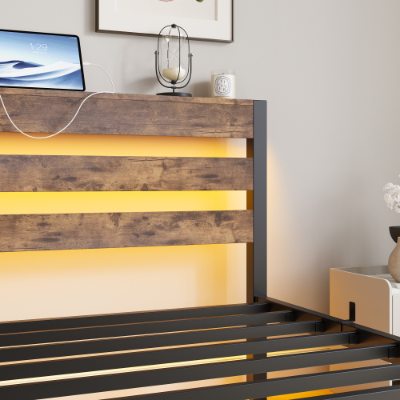 Twin Size Bed Frame Heavy Duty Platform Bed Frame With Headboard, USB Charging Station, LED Bed, No Box Spring Needed, Mattress Foundation, Strong Steel Slats, Noise Free, Brown