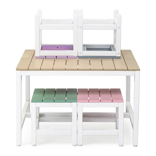 5-piece Children's Patio Table And Chair Set - 1 Table & 4 Stools, 29.5 Inches, Khaki, Pink, Purple, Blue, And Green Color Blocking, Made Of Poplar Wood