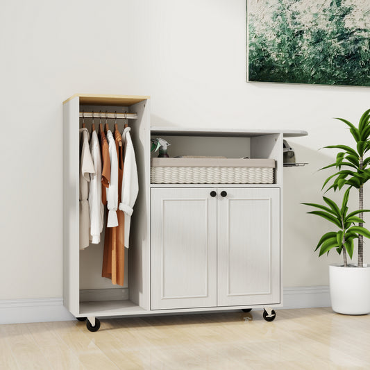 Ironing Cart With Rolling Ironing Board, Multipurpose Ironing Cabinet With Wheels And A Adjustable Shelf, Compact Ironing Solution For Laundry Room, Bedroom,Cloakroom-Antique White