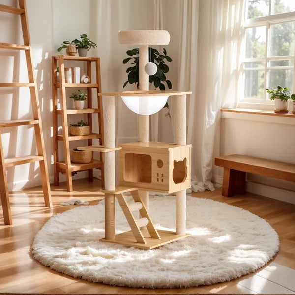 48.8' Modern Cat Tower, Wood Cat Tree Tower For Indoor Cats, Cat Treewith Sisal-Covered Scratching Posts And Top Perch, Cat Condo With Acrylic Hammock For Small Large Cats -Does Not Support Self Pick