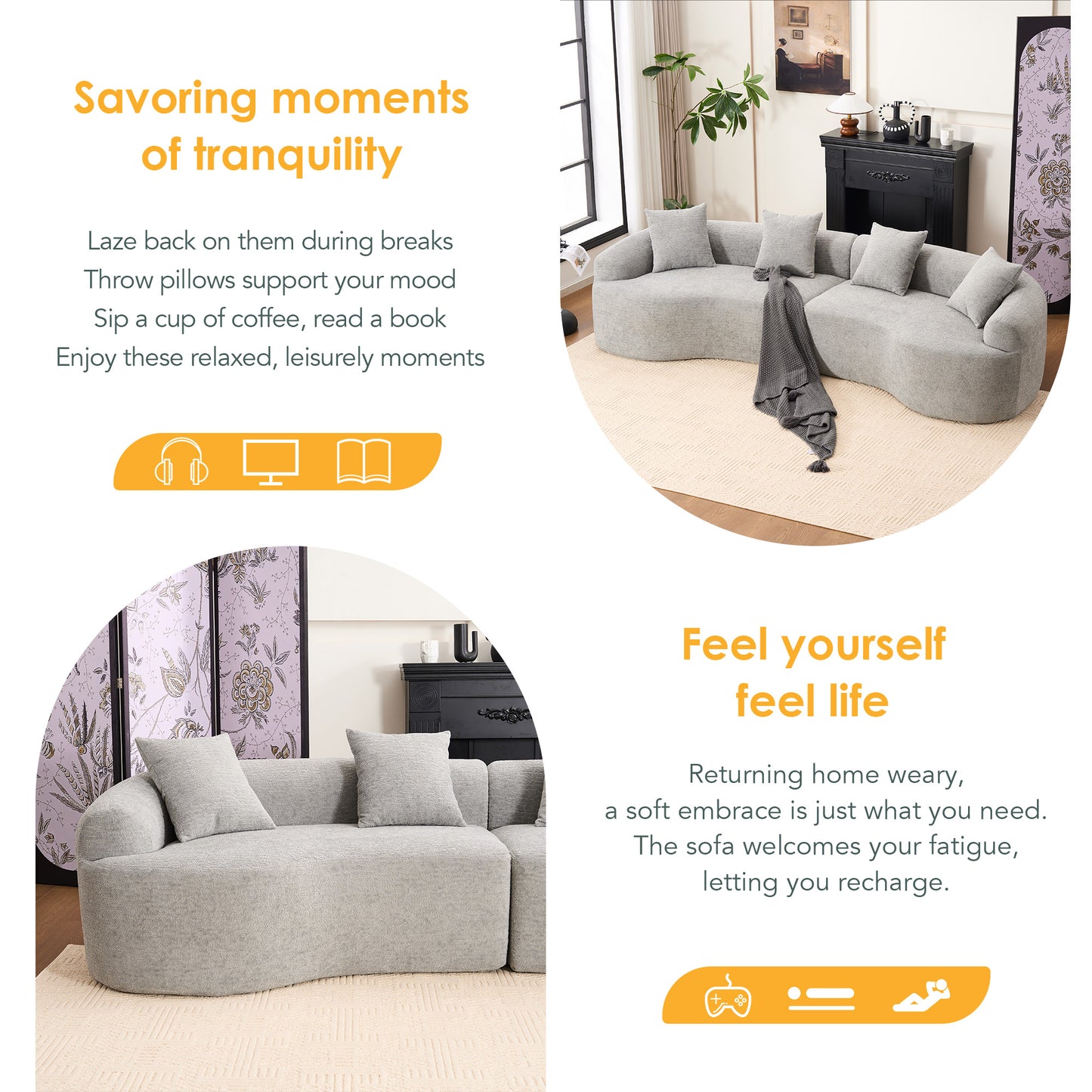 Curved Boneless Sofa Compression Modular 110'' Sectional Grey High-Density Couches Sleeper For Living Room Bedroom Apartment Lounge Chenille