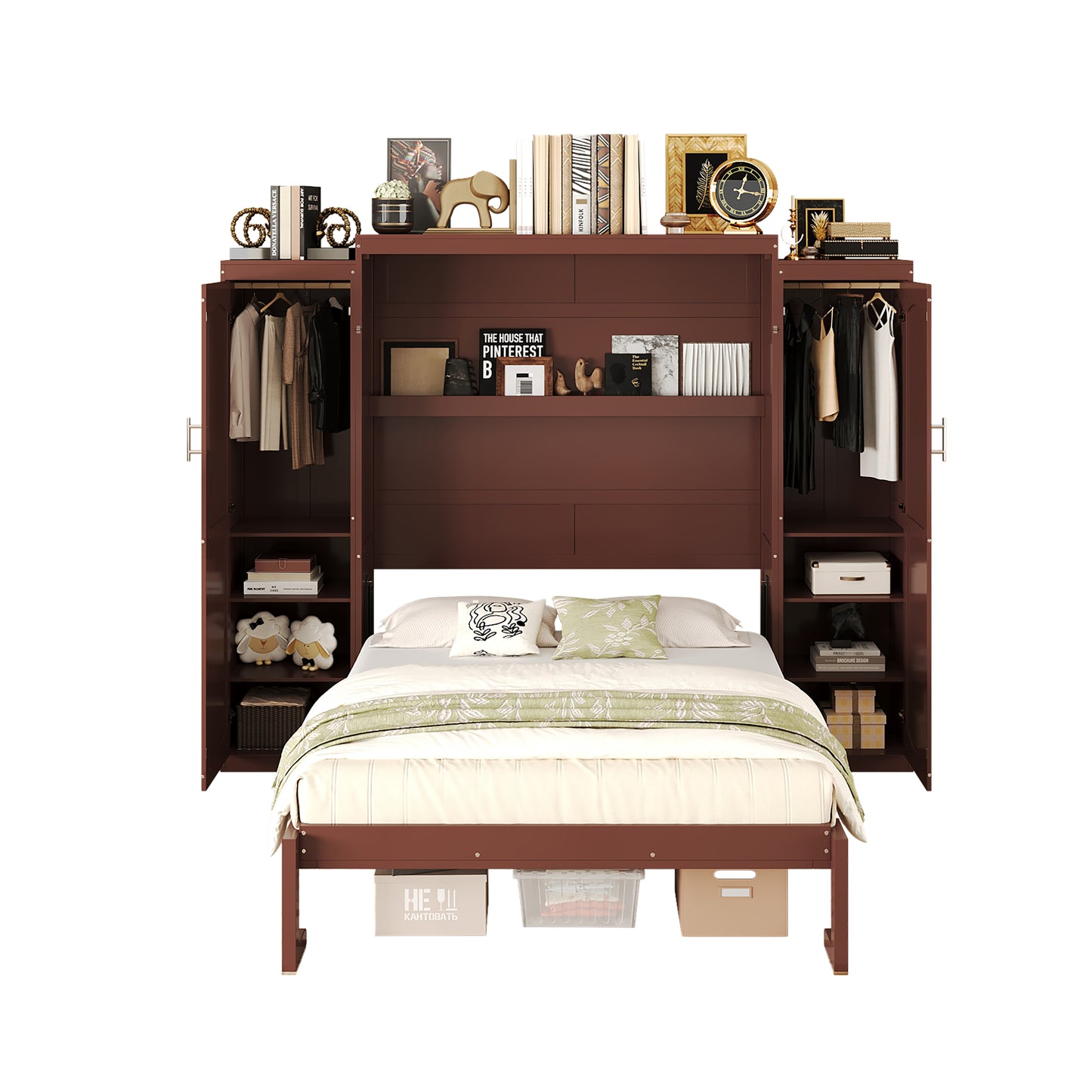Full Size Murphy Bed, Wooden Full Wall Bed With 2 Wardrobe And Storage Shelf, Multifunctional Foldable Platform Bedframe For Guest-Room, Bedroom, Walnut