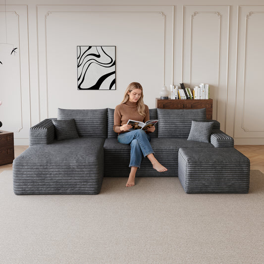 95 Cloud Sectional Sofa With 1 Ottoman,Modern Minimalist Upholstered Couches, Comfort U Shaped Sofa For Living Room,Deep Seat Corner Couch,No Assembly Required,Dark Grey Plush Corduroy Fabric
