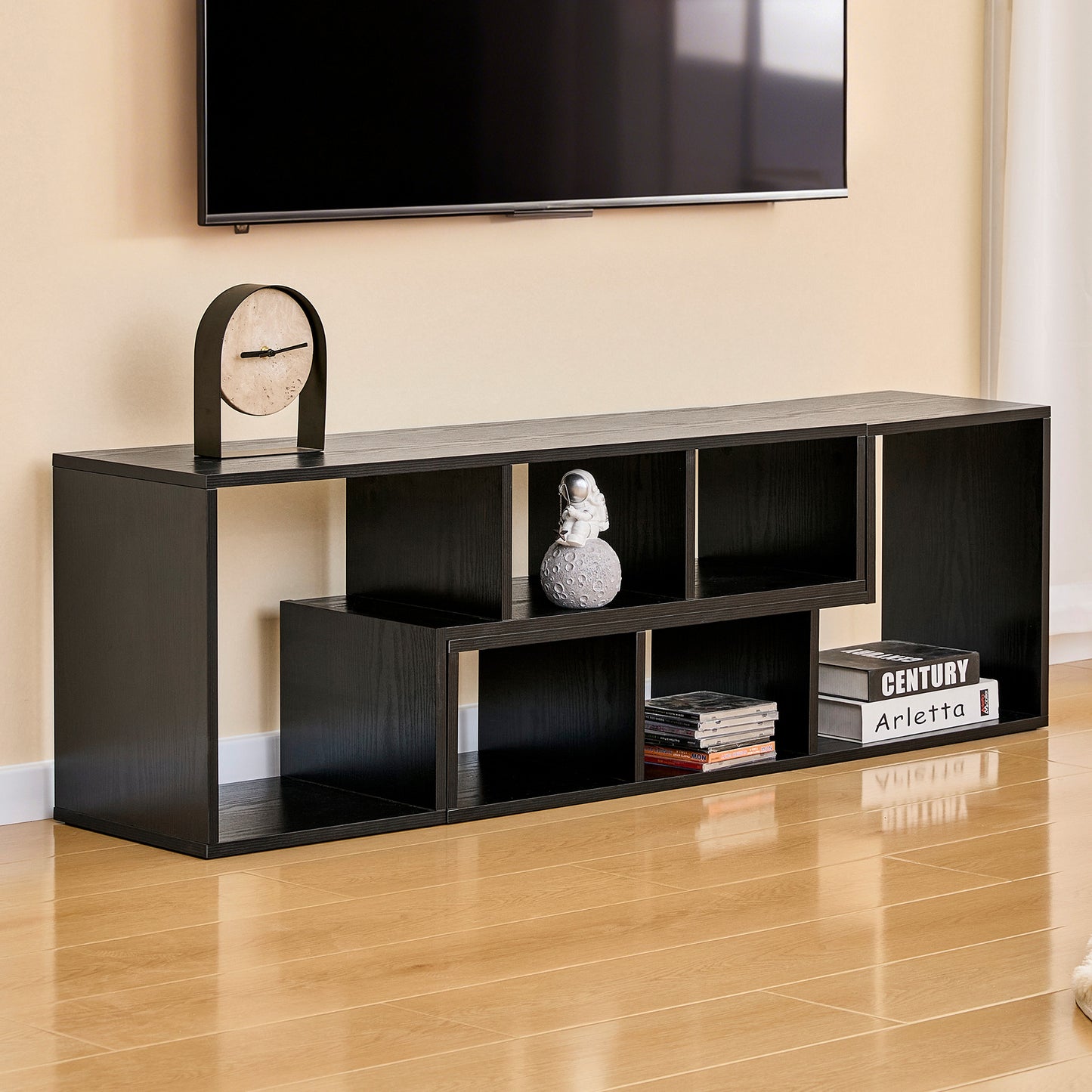 Modern Black Wood Grain MDF TV Stand, Expandable & Customizable Media Console, Free-Combination Entertainment Center With Open Storage Shelves For Living Room, Bedroom, Office