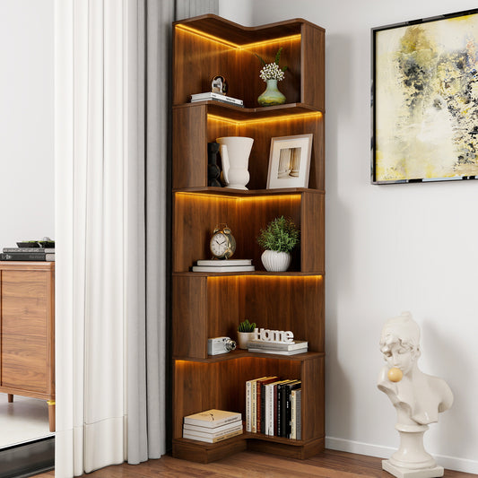 Corner Book Shelf - 5 Tier Corner Bookshelf Bookcase With Baffle, Freestanding L Shaped Display Shelf Stand With Led Lights For Home Office, Living Room, Bedroom, Kitchen