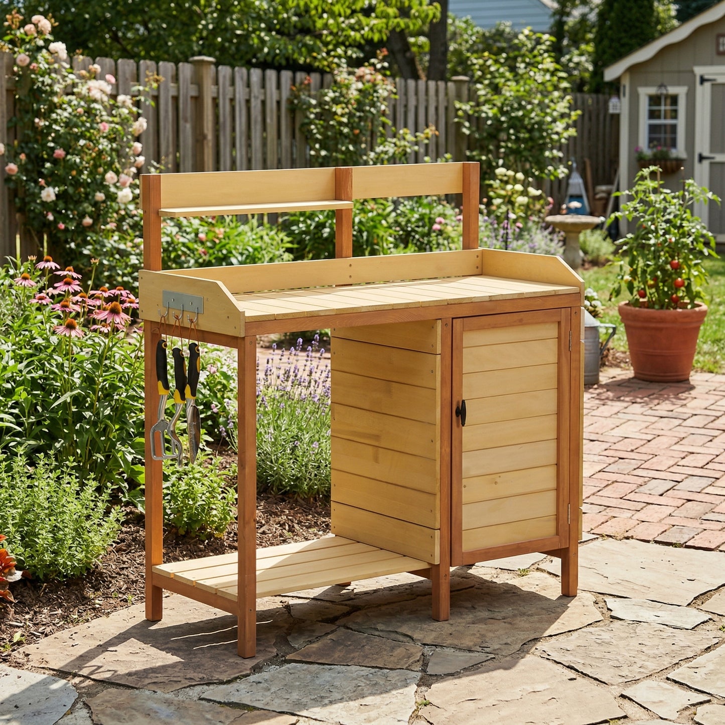Outdoor Wooden Potting Bench Table With Sink, Garden Table Work Bench With Storage, Workstation For Outside Patio Lawn