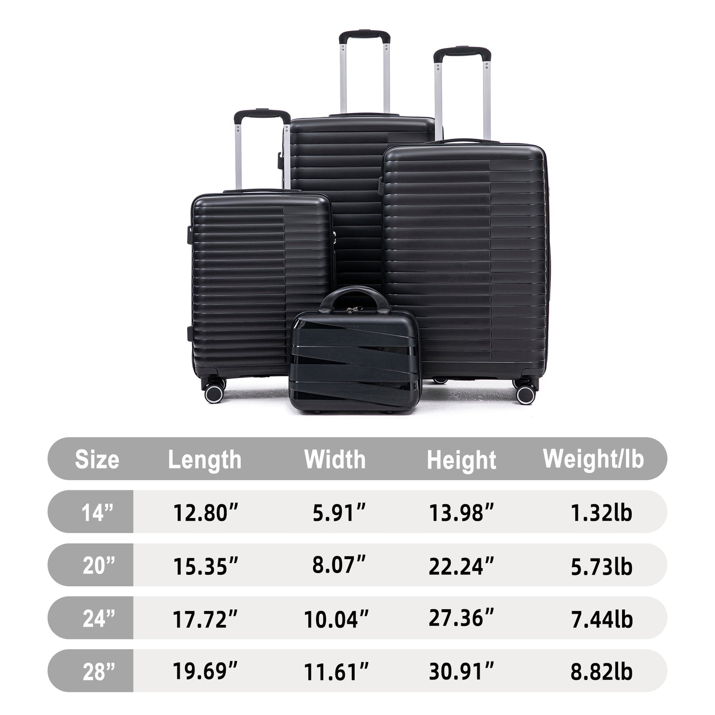 14 20 24 28 4 Pcs Set In PP Spinner Wheel Luggage, Carry On Suitcase, Iron Pull Rod, Combination Password Lock, 14 Cosmetic Case Black