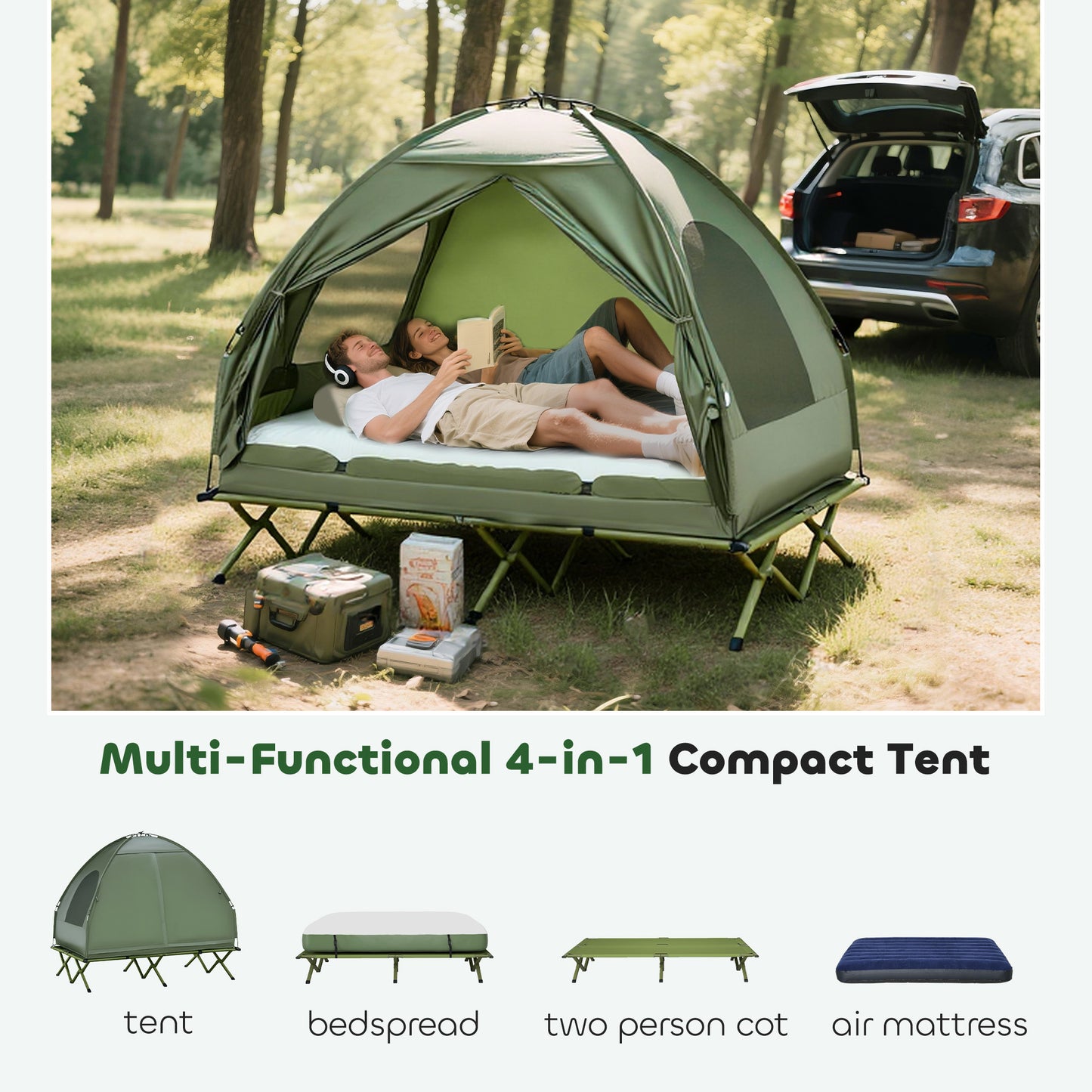 2-Person Tent Cot, 4-in-1 Elevated Camping Bed Combo With Air Mattress, Bed Cover, Foot Pump, Folding Off Ground Double Tent For Camping, Hiking, Backpacking