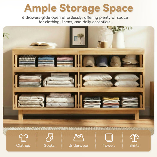 60 Length 6 Drawer Dresser With Wave Front Design, Modern TV Stand & Chest Of Drawers, Anti-Tip Clothes Storage Organizer For Bedroom, Living Room And Nursery, Natural Oak