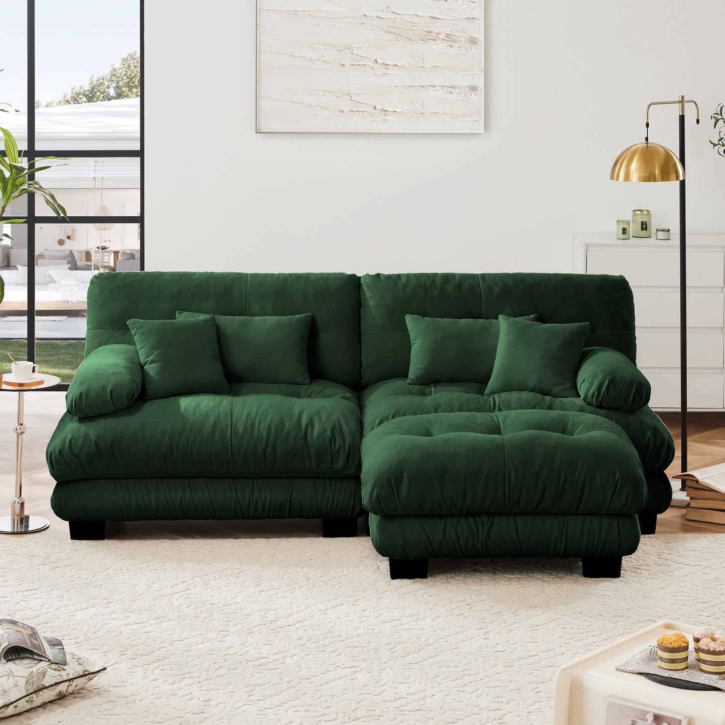 Cloud Couch Sectional Sofa For Living Room, Chenille 2 Seater Sofa With 2 Lumbar Pillows And 2 Throw Pillows , Upholstered Wide Arm Sofa With Convertible Ottoman,Chenille Green