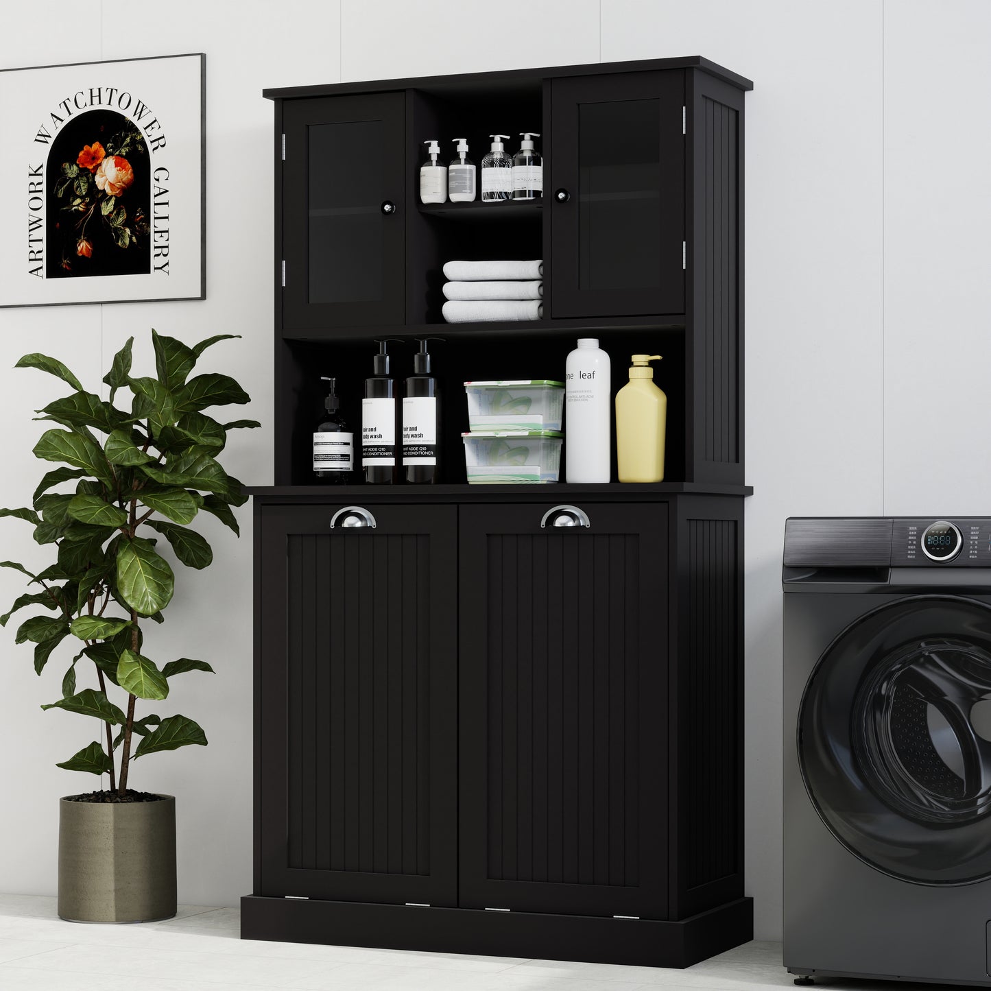 Two-Compartment Tilt-Out Dirty Laundry Basket Tall Bathroom Cabinet With 2 Adjustable Shelves-Black