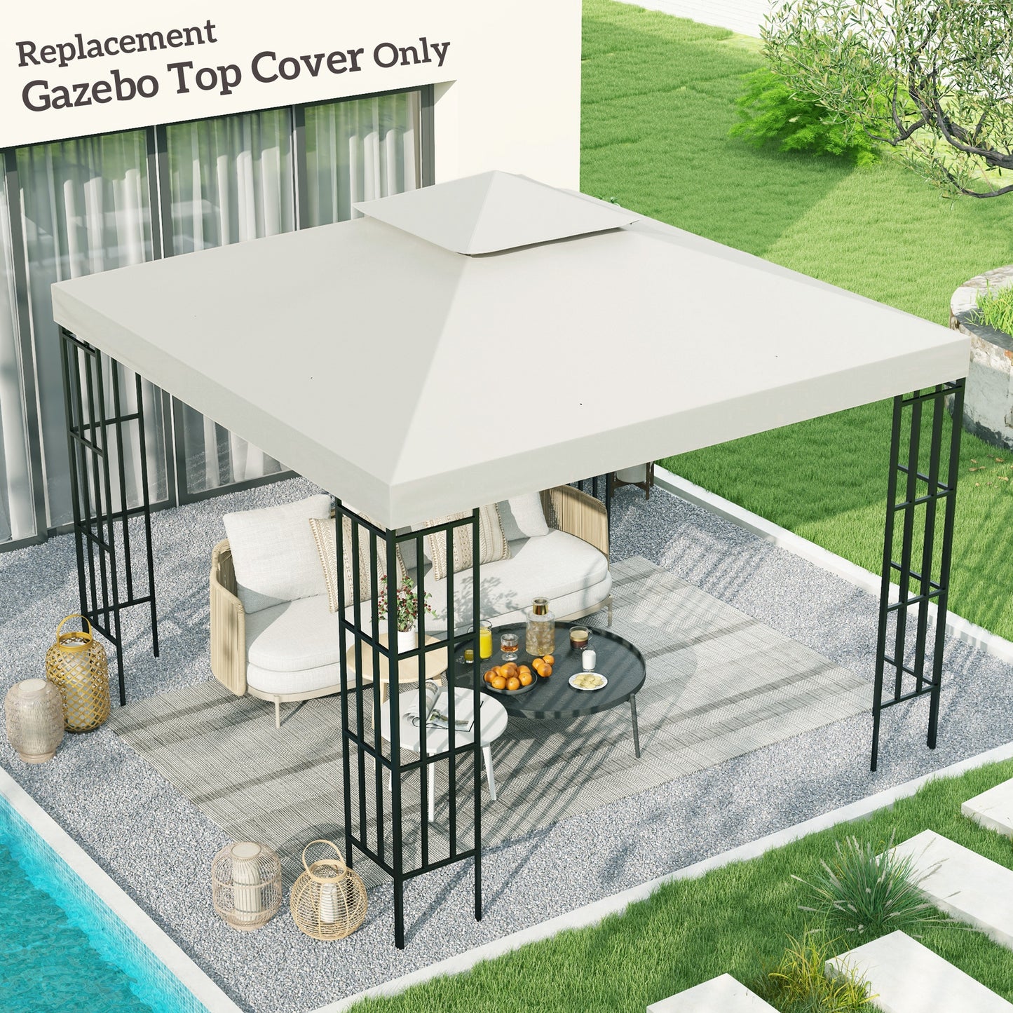 10' X 10' Gazebo Replacement Canopy 2 Tier Top UV Cover Pavilion Garden Patio Outdoor Cream White (TOP ONLY)