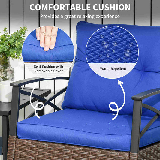 3 Piece Patio Rocking Chair Set, Outdoor Wicker Bistro Set With 2 Oversize Cushioned Porch Rockers And 2 Tier Coffee Table For Garden, Porch, Backyard, Blue