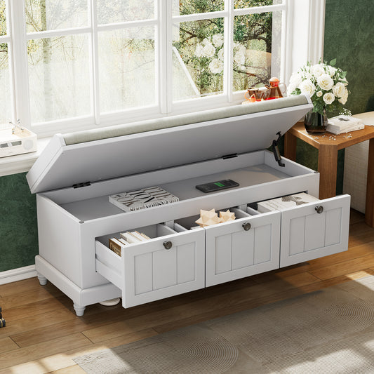 TREXM Classic Shoe Bench With Cushion And Three Drawers Fluted Entryway Bench With Storage For Living Room Entryway And Hallways Light Gray