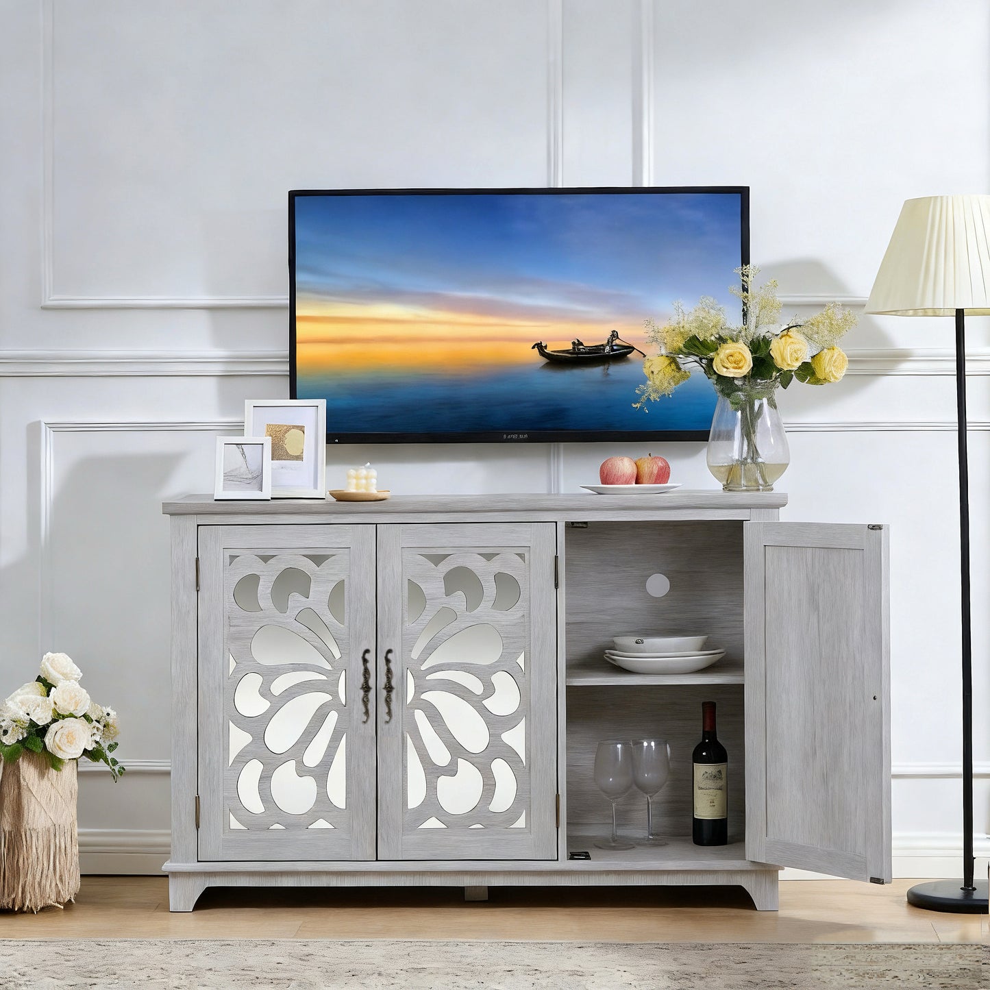 49.33 X 15.55in Spacious Size Countertop Sideboard With 3 Mirrored Doors Adjustable Shelves Buffet Cabinet, Storage Cabinet For Living Room, Bedroom, Dinning Room, Kitchen, Hallway Closet
