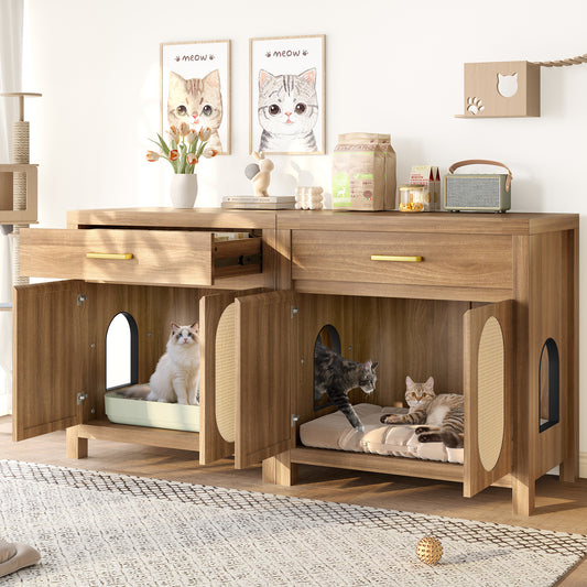 Cat Litter Box Enclosure, Hidden Cat Litter Box Furniture With Scratching Board Doors And Storage Drawer, Wooden Washroom Cat House Table Nightstand Box Cabinet, Espresso
