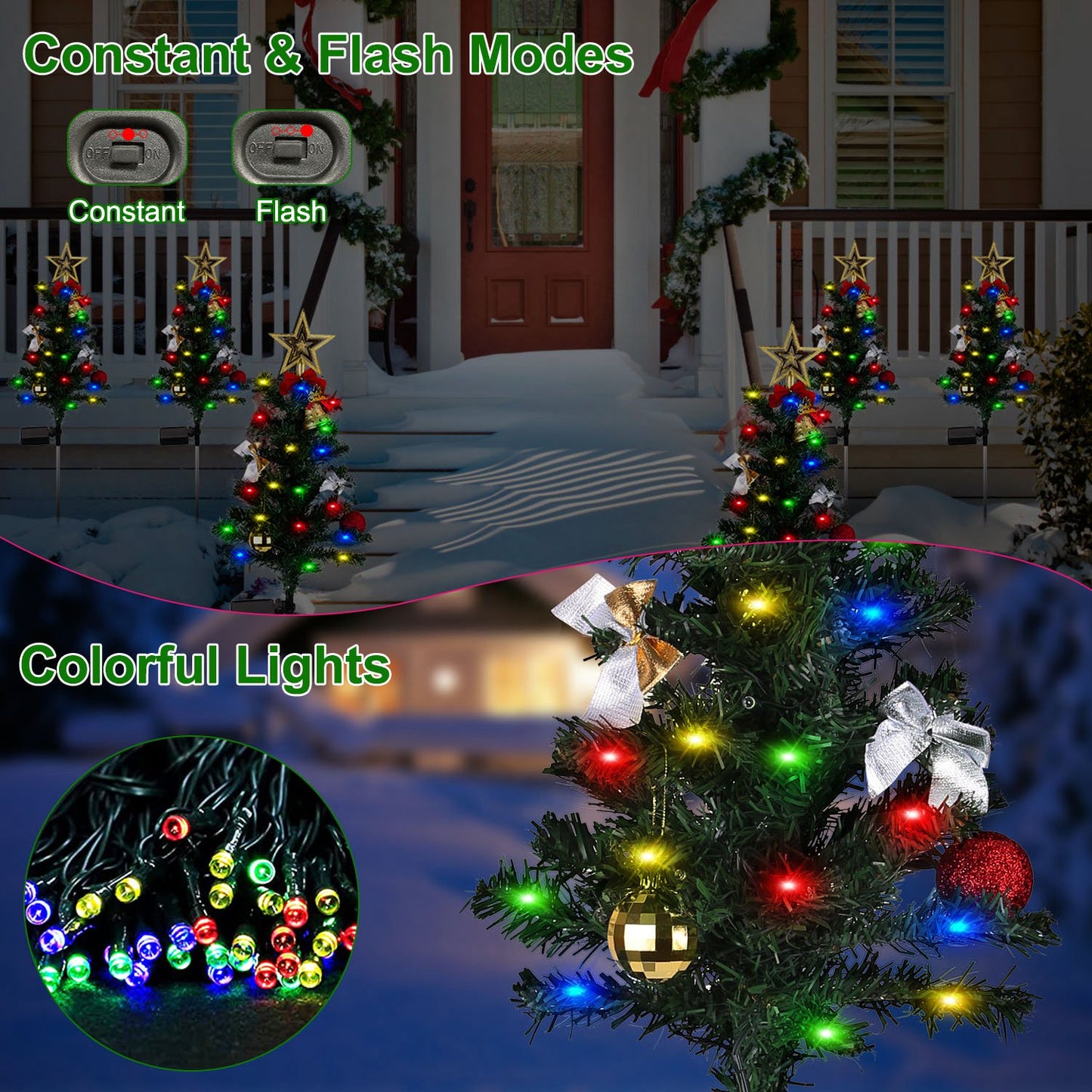 4Packs Solar Christmas Tree Lights Xmas Garden Decorations Tree Stake Lamp 20LEDs Solar Decor Light With Constant And Flashing Mode For Pathway Yard Patio Landscape
