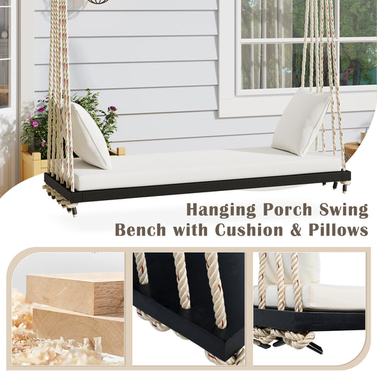 TOPMAx Patio Wooden Swing Chair Hanging Porch Swing Bench With Cushion&Pillows 10.8Ft Hemp Ropes For Garden Lawn Black