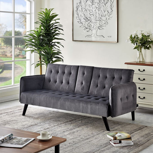 72 Velvet Convertible Sofa Bed With Cup Holders, Tufted Folding Futon Sleeper Couch, Mid-Century Modern 3 Seater For Small Spaces, 72 L X 34.6 D X 31 H, Dark Grey