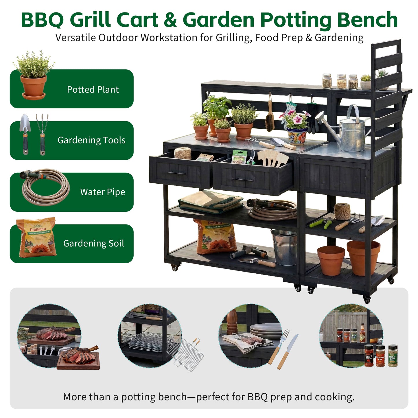With Assembly Video TOPMAx 62.3 Patio Kitchen Island Solid Wood Kitchen Cart With Stainless Table Top Garden Potting Bench With Raised Shelf And Drawers Grill Prep Table For BBQ Party Black