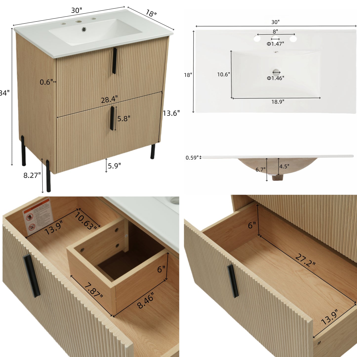 30 Bathroom Vanity With Ceramic Sink And Full-Extension Drawers, Soft Close Undermount Drawer Slides, Fluted Design, Natural