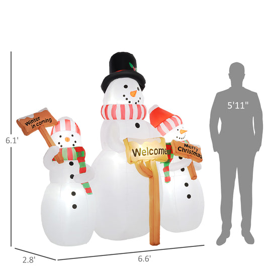 6.1' Inflatable Three Snowmen With Sign Each, Blow-Up Outdoor Christmas Display W/ LED Lights For Party
