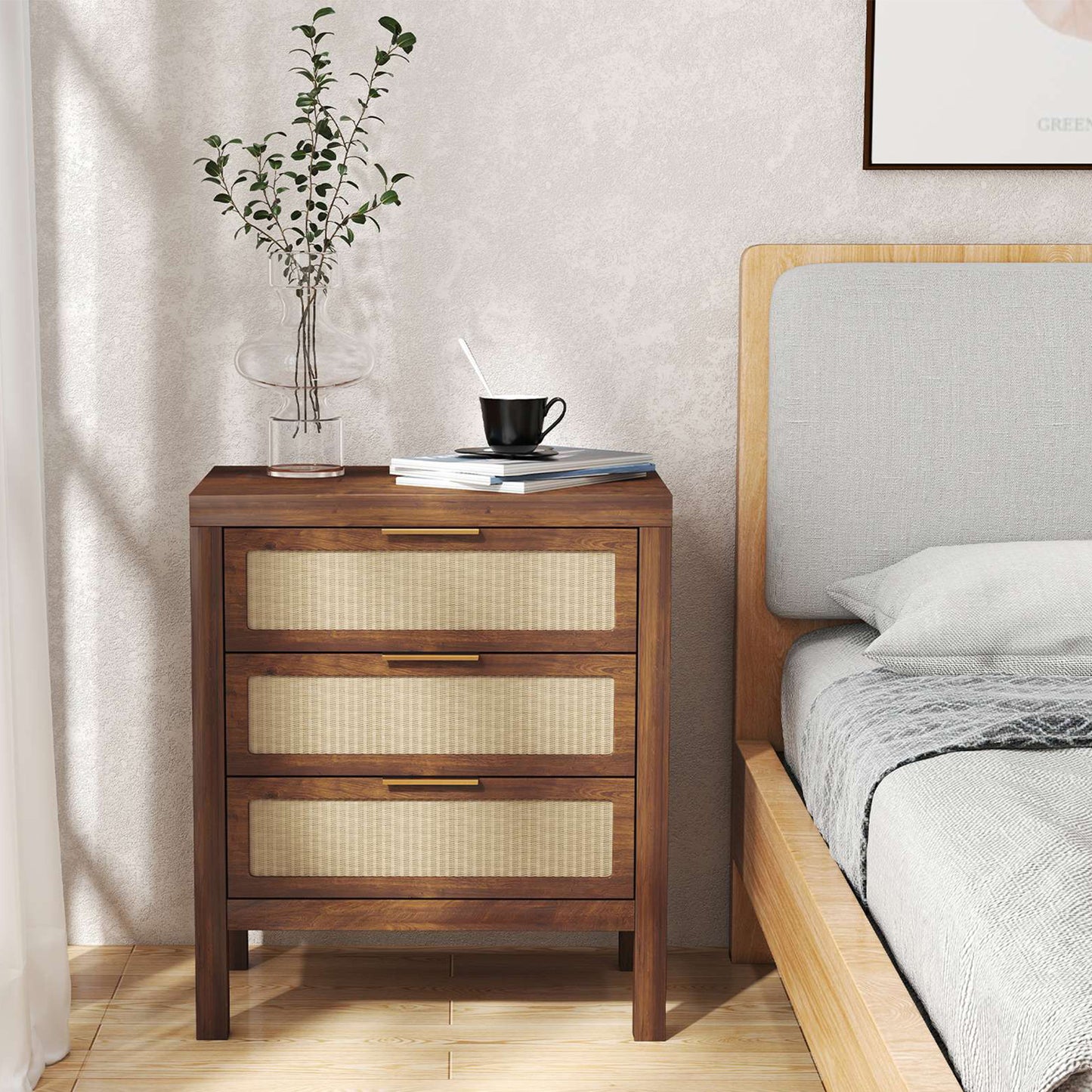 Bedside Table Chest Of Drawers Large Capacity Storage Drawer Design Multifunctional Wooden Night Stand For Bedroom Hallway Entryway Walnut Color