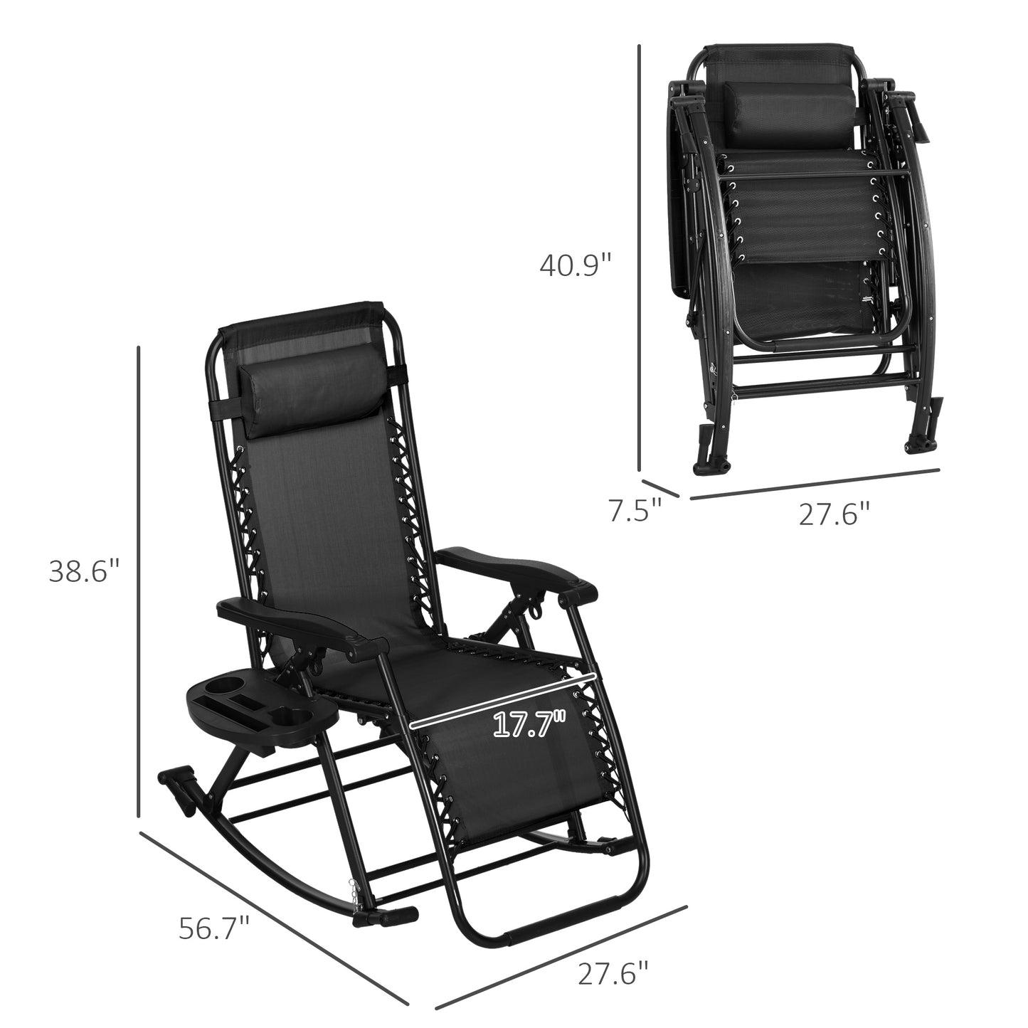 2 Outdoor Rocking Chairs Foldable Reclining Zero Gravity Lounge Rockers W/ Pillow Cup & Phone Holder, Black