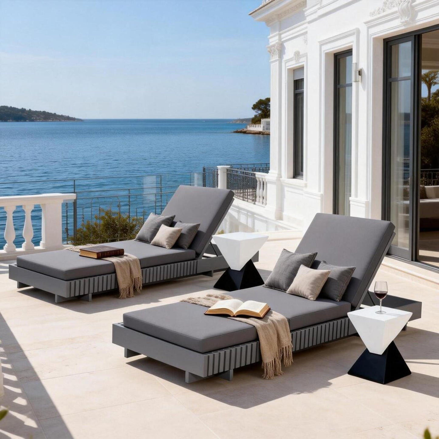 Dark Grey Acacia Solid Wood Outdoor Chaise Lounge With Dark Grey 3-Fold Water-Repellent Cushion, 400lbs Capacity, Modern Patio Sun Lounger For Garden, Poolside